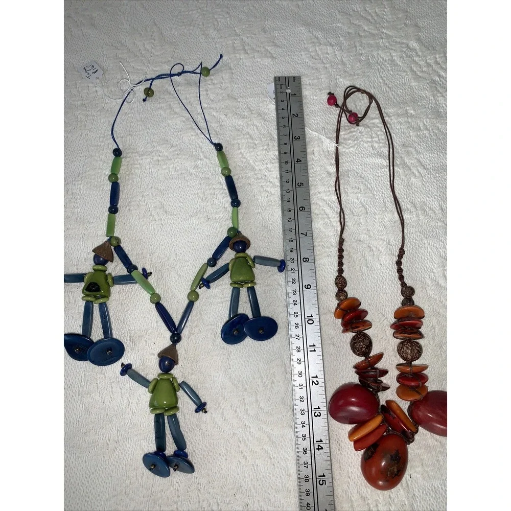 Tagua Nut 3 Necklace Lot‎ ~ Blue Green Red Orange Turquoise Figures